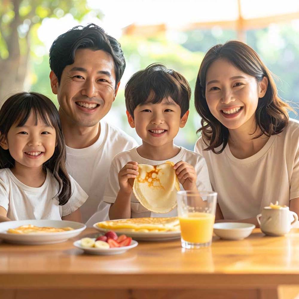 個人お届けプランでクレープを囲む家族の画像